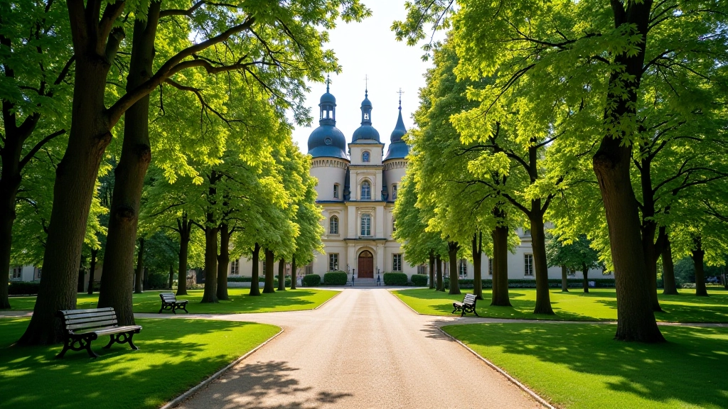 Krásný historický zámecký park se stromy a lavičkami