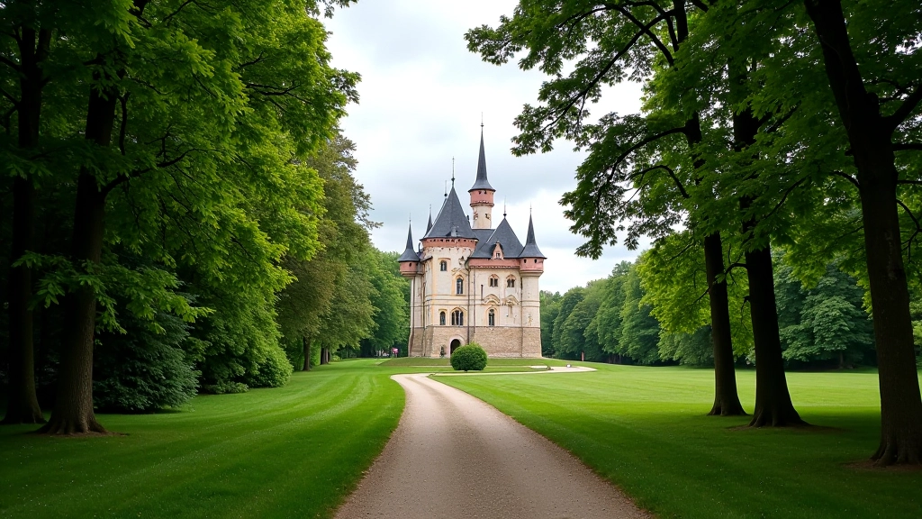 Historická budova zámku v pozadí s cestou vedoucí skrze park