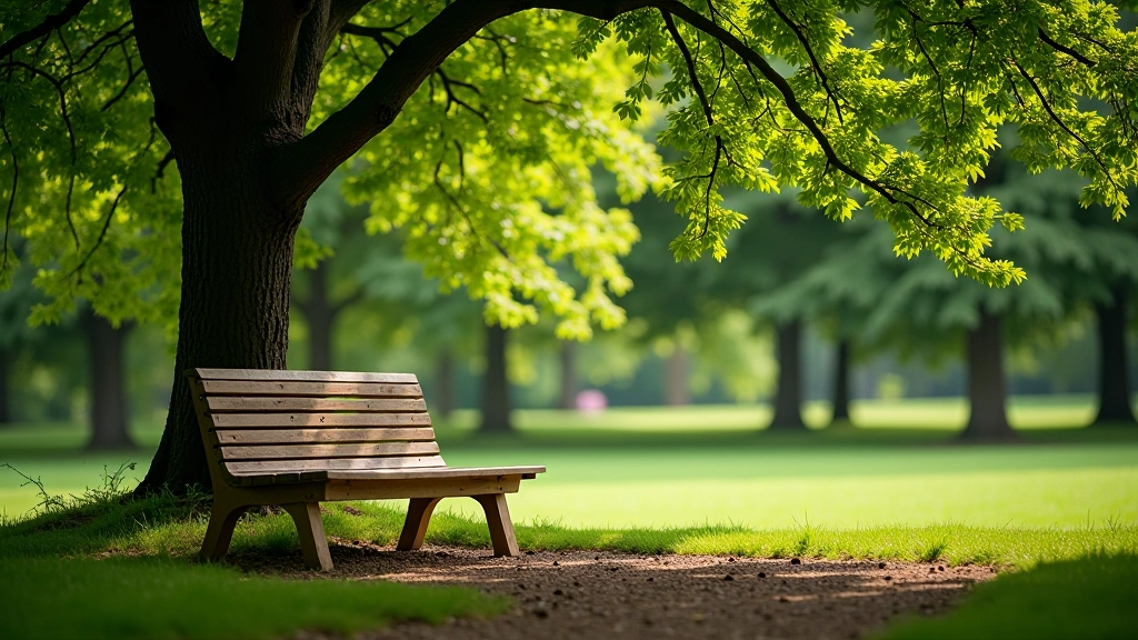 Bench pod starým stromem v parku, ideální místo pro odpočinek během procházky